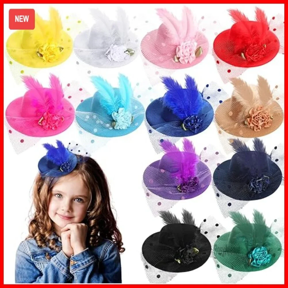 12-Piece Mini Fascinator Hat Set with Clip, Floral Feather Design